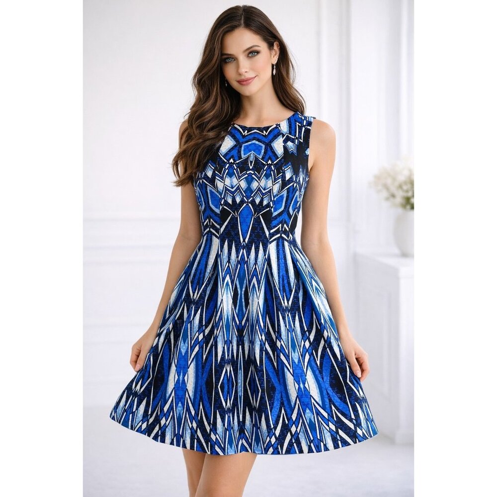 Gabby Skye Blue Geometric Fit And Flare Sleeveless Dress Womens Size 8